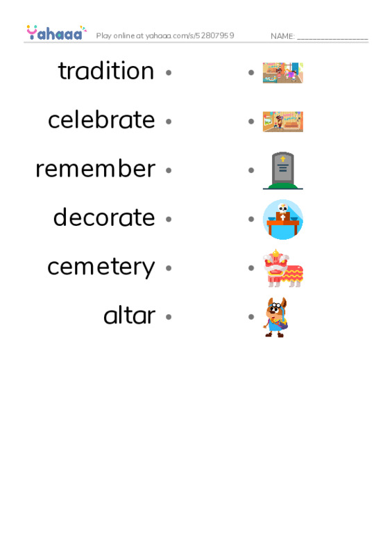 RAZ Vocabulary K: Dia de los Muertos PDF link match words worksheet