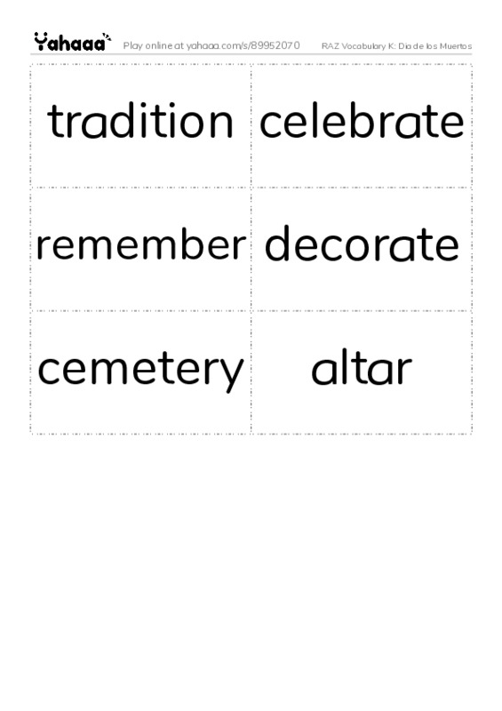 RAZ Vocabulary K: Dia de los Muertos PDF two columns flashcards