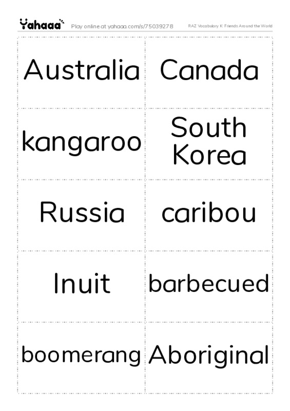 RAZ Vocabulary K: Friends Around the World PDF two columns flashcards