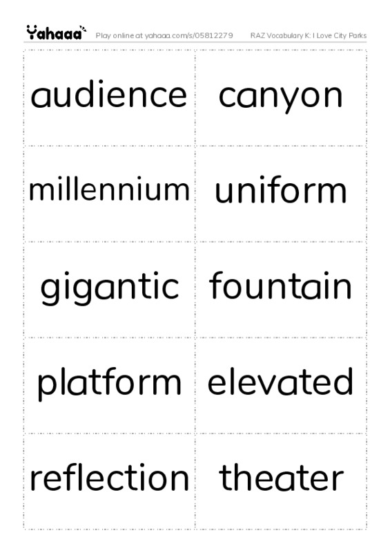 RAZ Vocabulary K: I Love City Parks PDF two columns flashcards