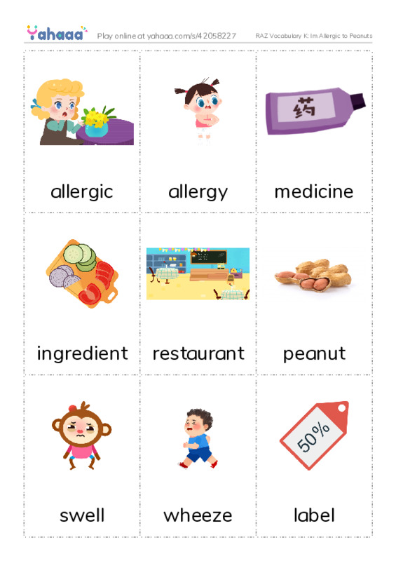RAZ Vocabulary K: Im Allergic to Peanuts PDF flaschards with images