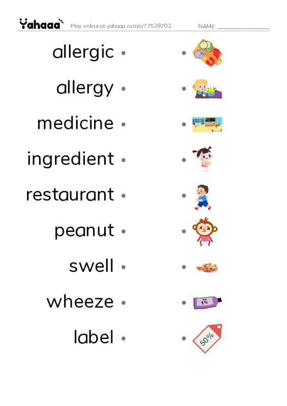 RAZ Vocabulary K: Im Allergic to Peanuts PDF link match words worksheet