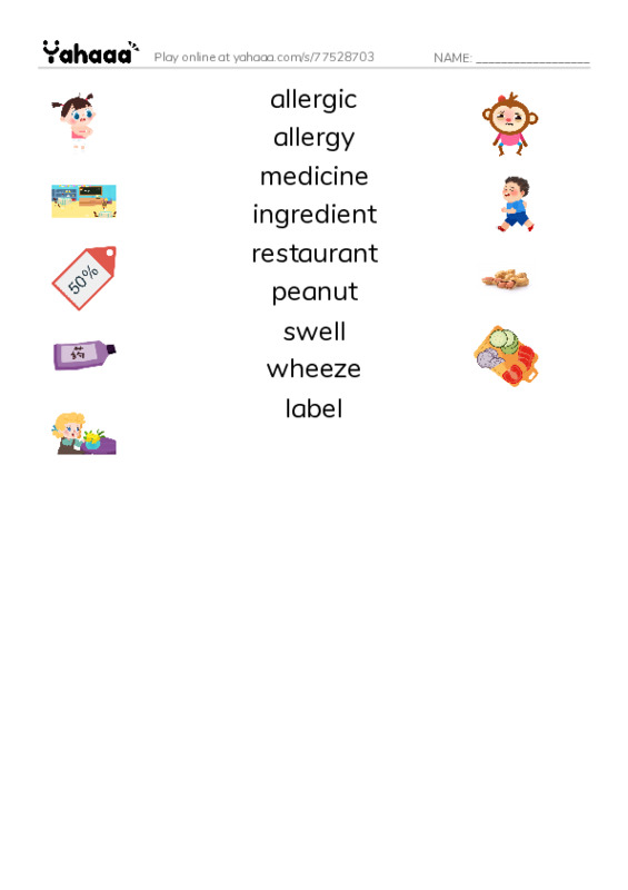 RAZ Vocabulary K: Im Allergic to Peanuts PDF three columns match words