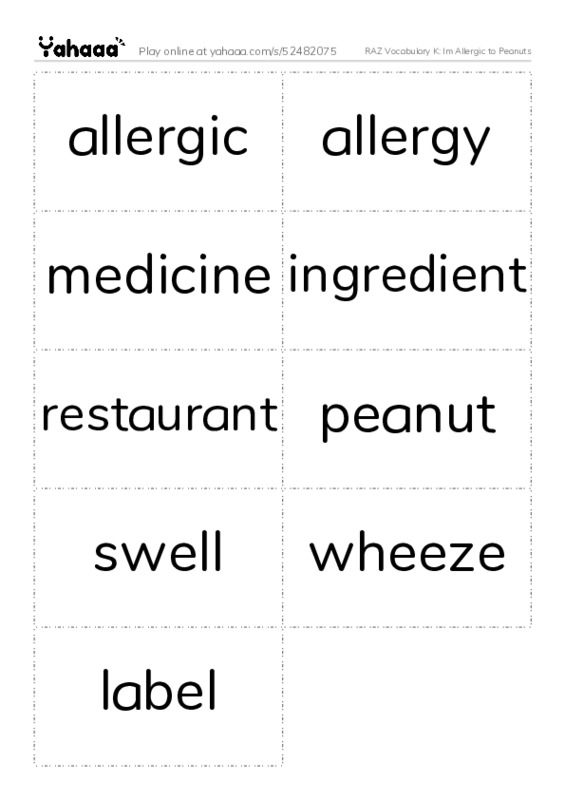 RAZ Vocabulary K: Im Allergic to Peanuts PDF two columns flashcards