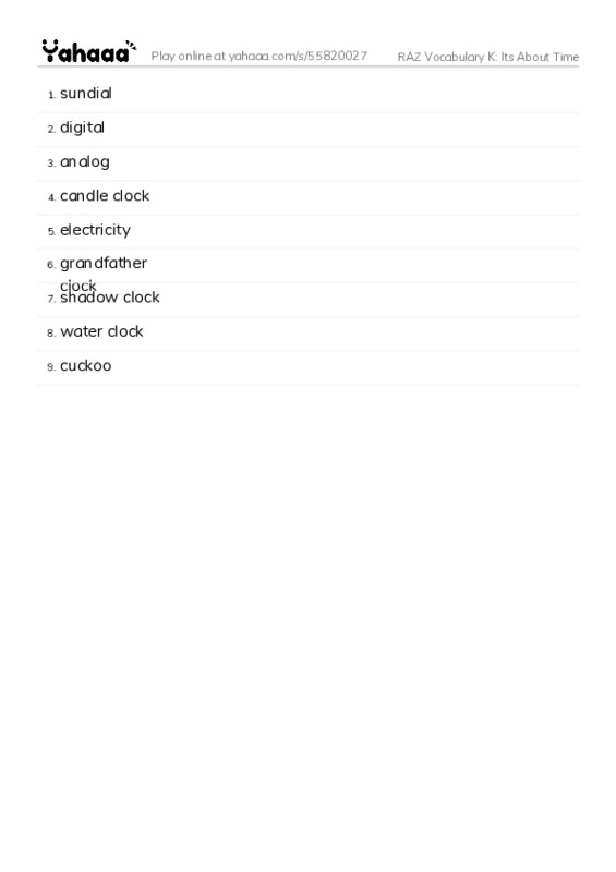 RAZ Vocabulary K: Its About Time PDF words glossary