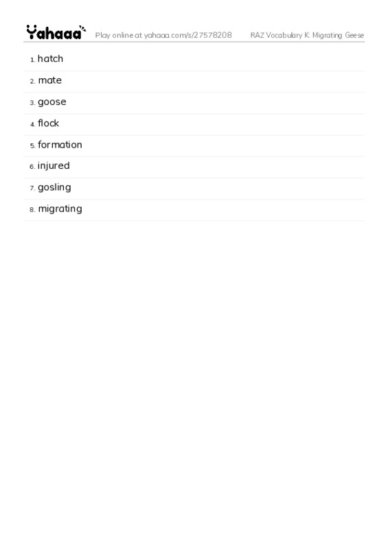 RAZ Vocabulary K: Migrating Geese PDF words glossary