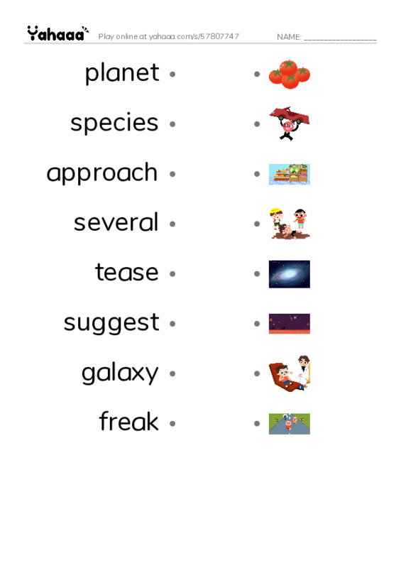 RAZ Vocabulary K: New Planet New School PDF link match words worksheet