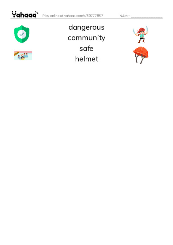 RAZ Vocabulary K: Playing it Safe PDF three columns match words