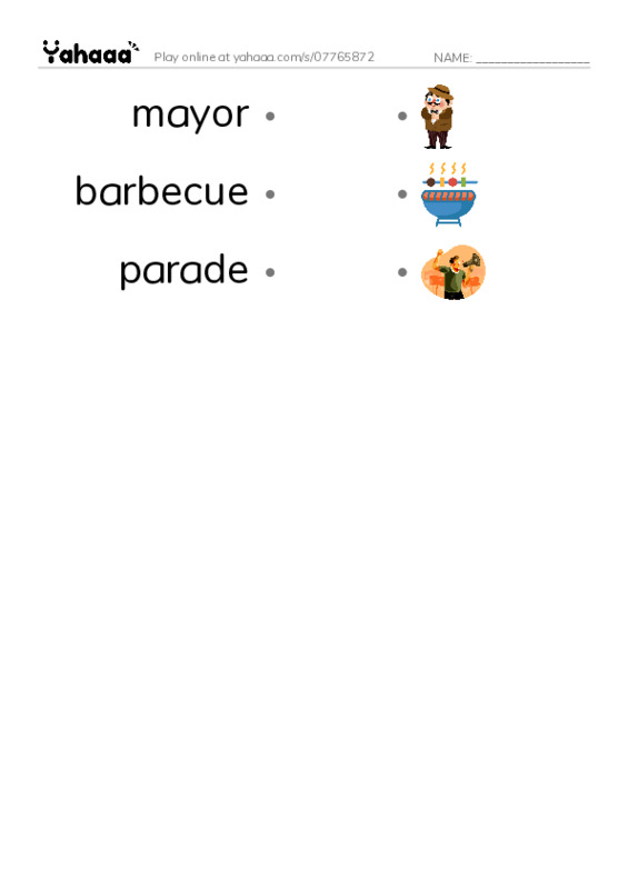 RAZ Vocabulary K: Sams Fourth of July PDF link match words worksheet