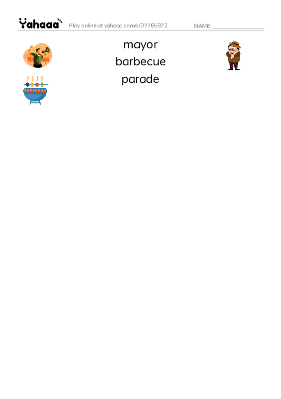 RAZ Vocabulary K: Sams Fourth of July PDF three columns match words