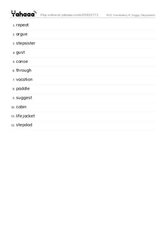 RAZ Vocabulary K: Soggy Stepsisters PDF words glossary