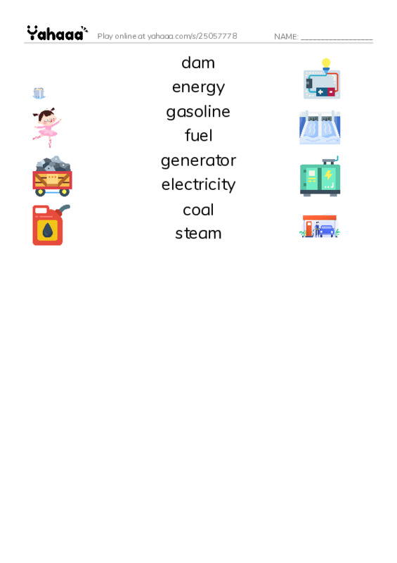 RAZ Vocabulary K: Where We Get Energy PDF three columns match words