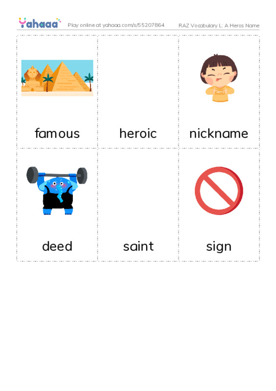 RAZ Vocabulary L: A Heros Name PDF flaschards with images
