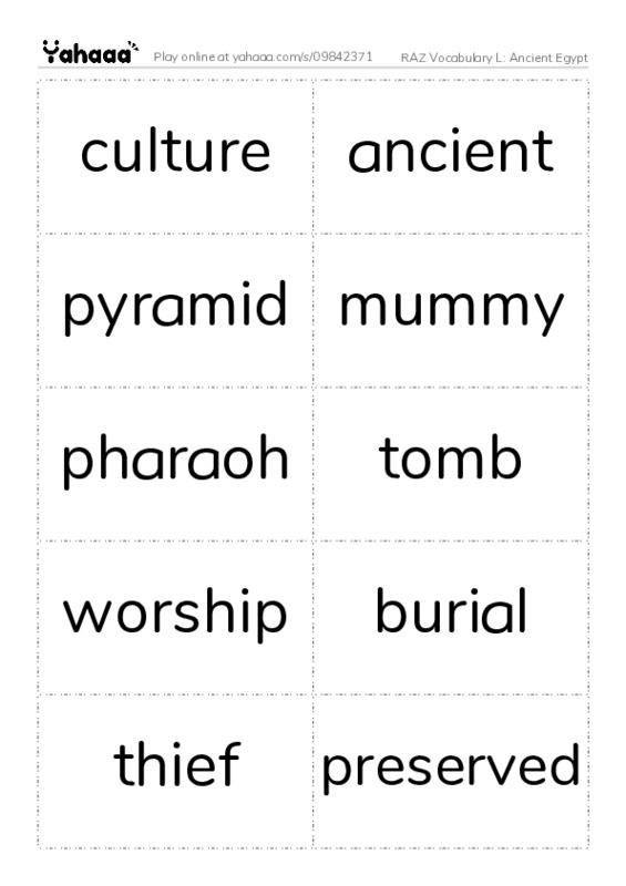 RAZ Vocabulary L: Ancient Egypt PDF two columns flashcards