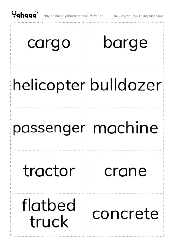 RAZ Vocabulary L: Big Machines PDF two columns flashcards