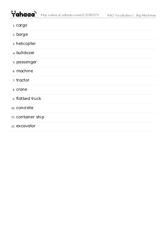 RAZ Vocabulary L: Big Machines PDF words glossary