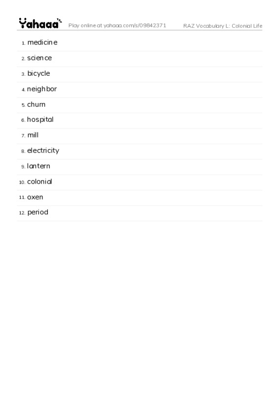 RAZ Vocabulary L: Colonial Life PDF words glossary