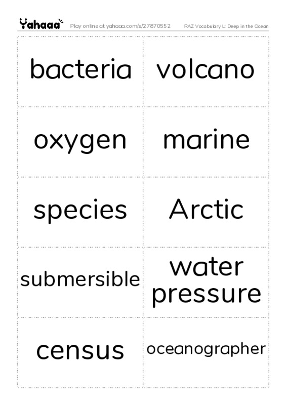 RAZ Vocabulary L: Deep in the Ocean PDF two columns flashcards