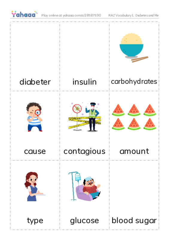 RAZ Vocabulary L: Diabetes and Me PDF flaschards with images