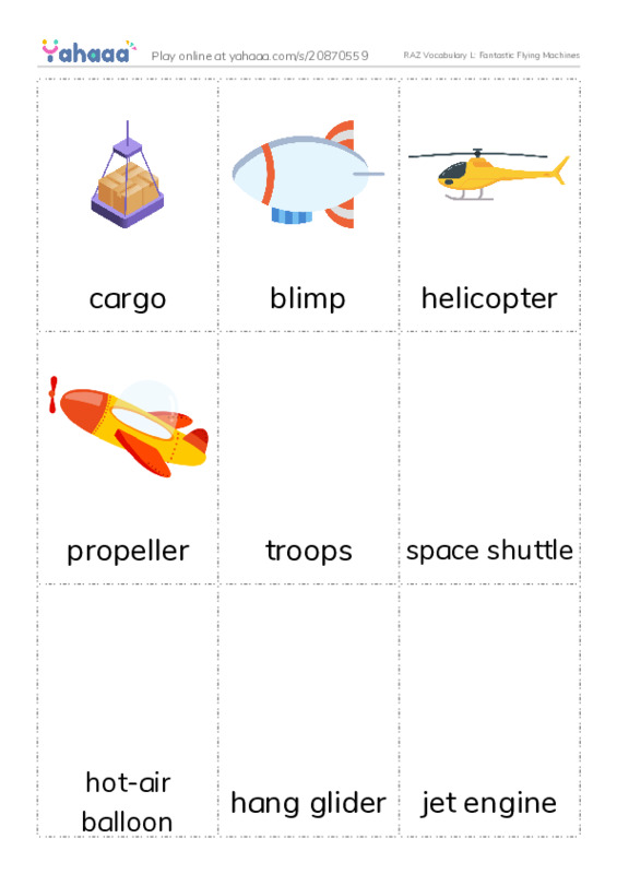 RAZ Vocabulary L: Fantastic Flying Machines PDF flaschards with images