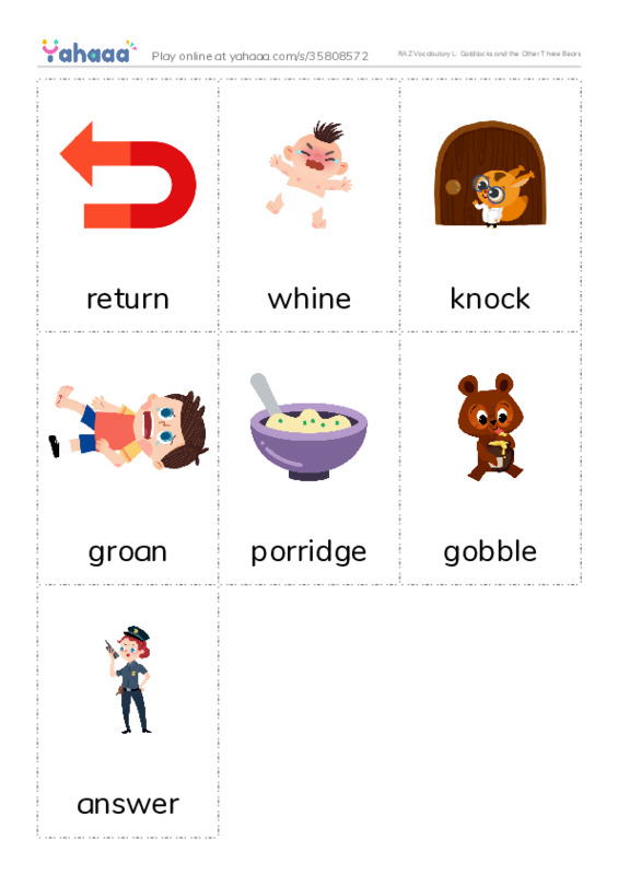 RAZ Vocabulary L: Goldilocks and the Other Three Bears PDF flaschards with images