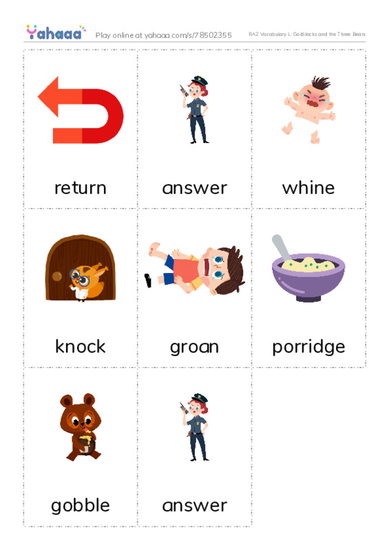 RAZ Vocabulary L: Goldilocks and the Three Bears PDF flaschards with images