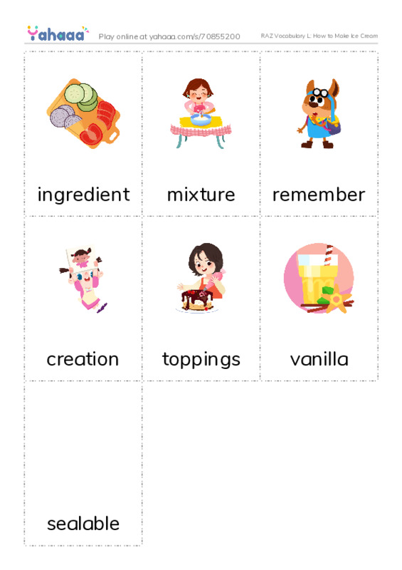 RAZ Vocabulary L: How to Make Ice Cream PDF flaschards with images