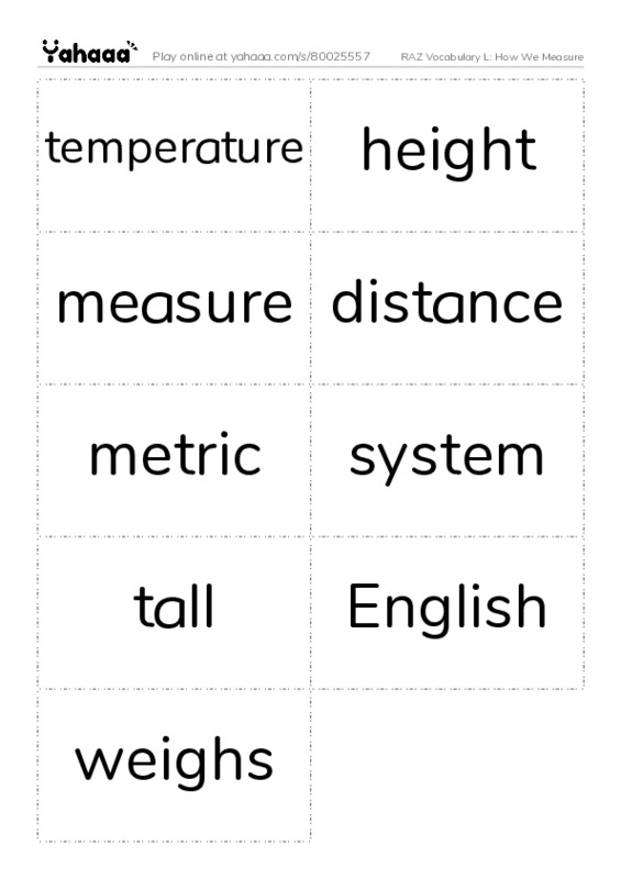 RAZ Vocabulary L: How We Measure PDF two columns flashcards