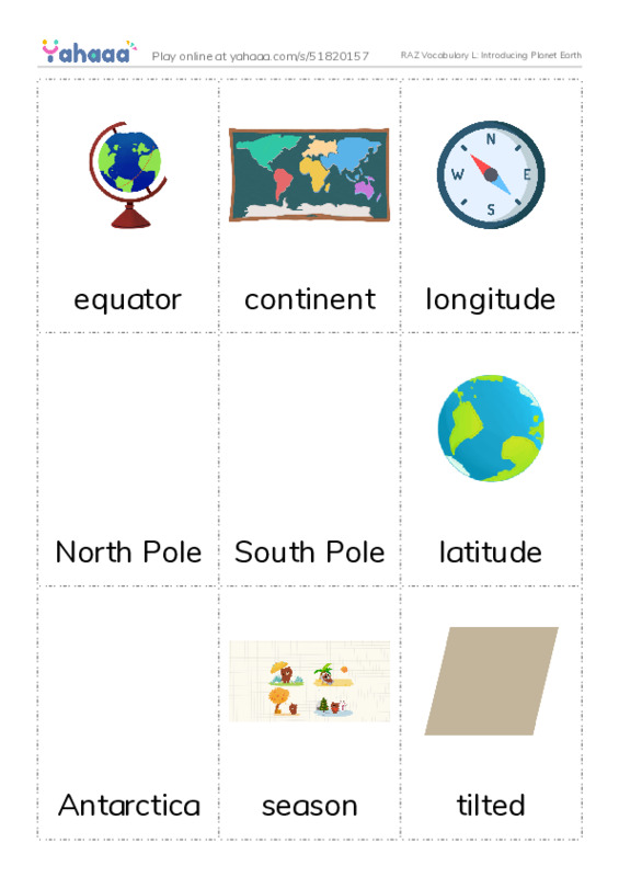 RAZ Vocabulary L: Introducing Planet Earth PDF flaschards with images