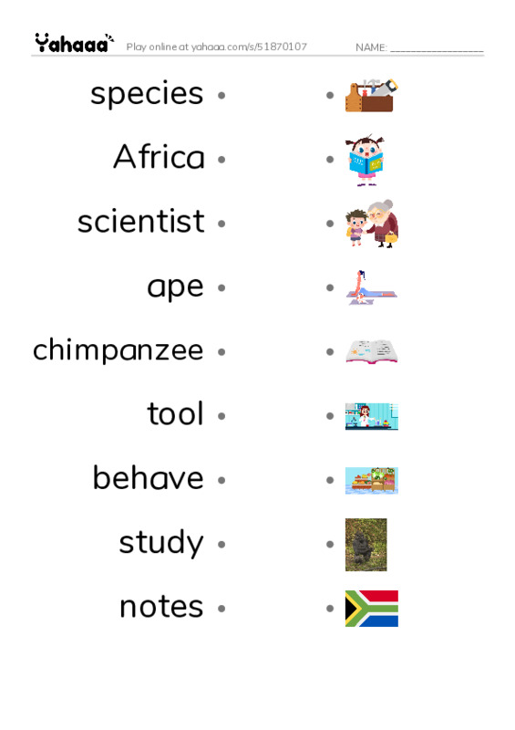 RAZ Vocabulary L: Jane Goodall PDF link match words worksheet