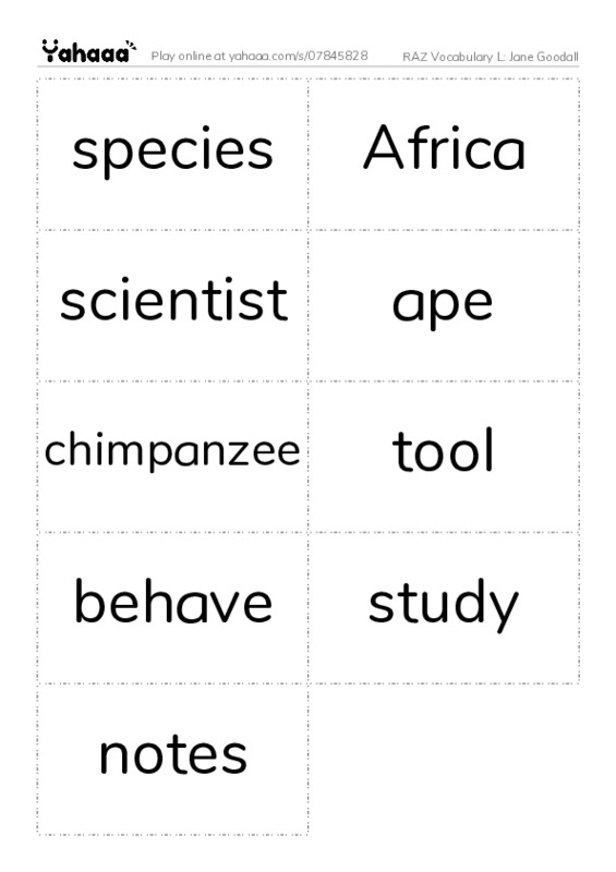 RAZ Vocabulary L: Jane Goodall PDF two columns flashcards