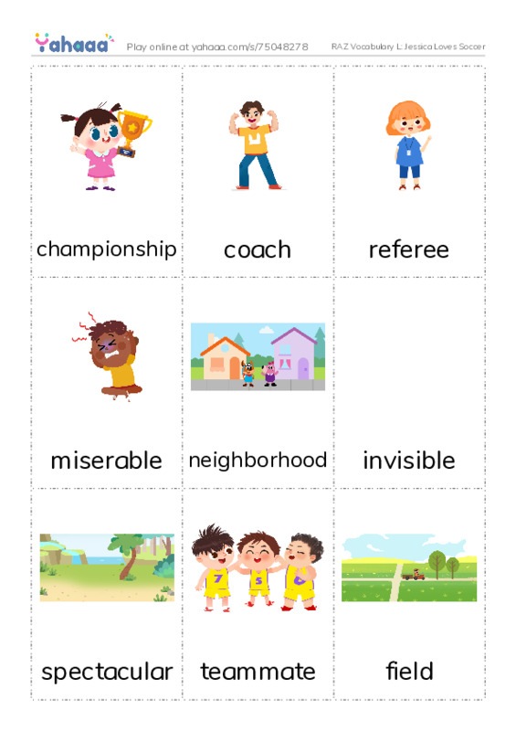 RAZ Vocabulary L: Jessica Loves Soccer PDF flaschards with images