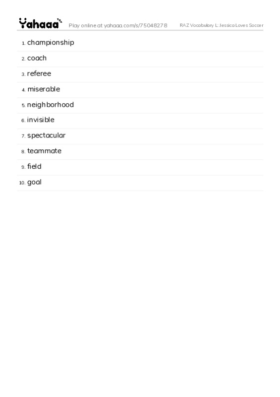 RAZ Vocabulary L: Jessica Loves Soccer PDF words glossary