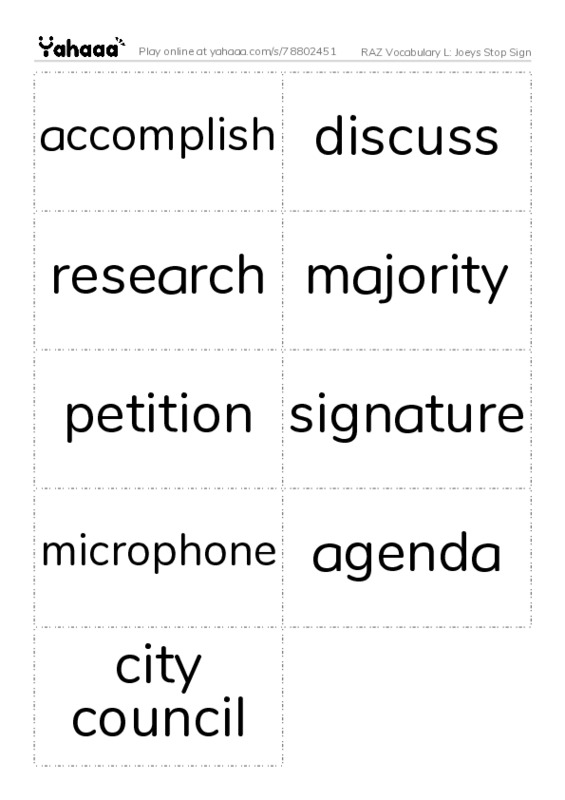 RAZ Vocabulary L: Joeys Stop Sign PDF two columns flashcards