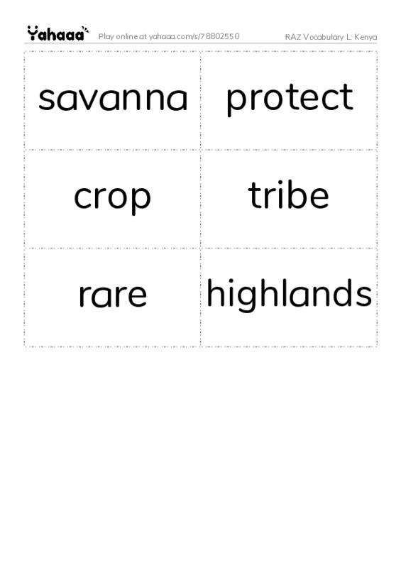 RAZ Vocabulary L: Kenya PDF two columns flashcards