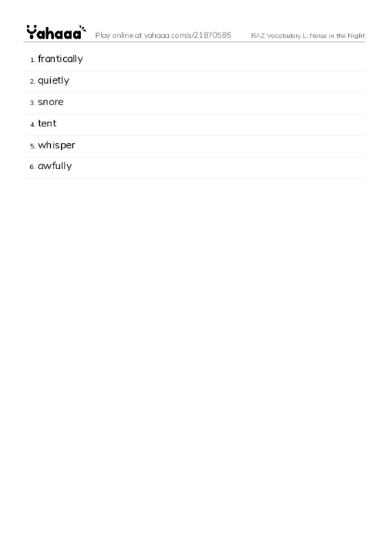 RAZ Vocabulary L: Noise in the Night PDF words glossary