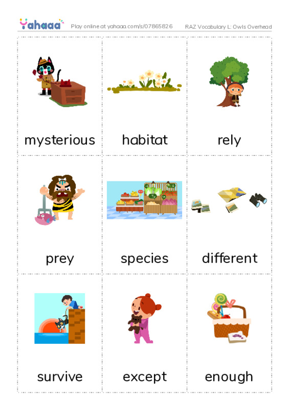 RAZ Vocabulary L: Owls Overhead PDF flaschards with images