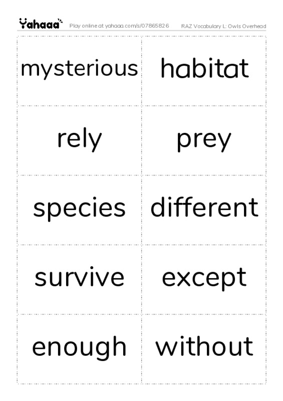 RAZ Vocabulary L: Owls Overhead PDF two columns flashcards