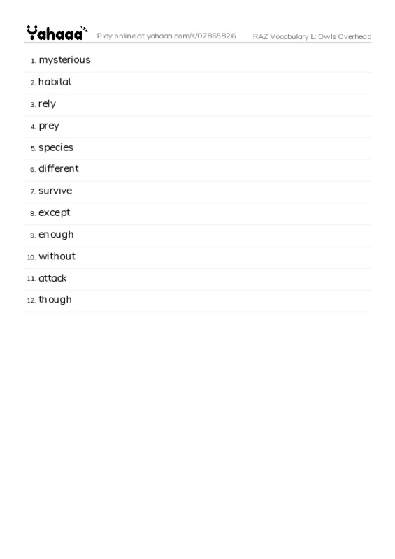 RAZ Vocabulary L: Owls Overhead PDF words glossary