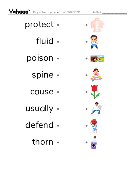 RAZ Vocabulary L: Plant Defenses PDF link match words worksheet