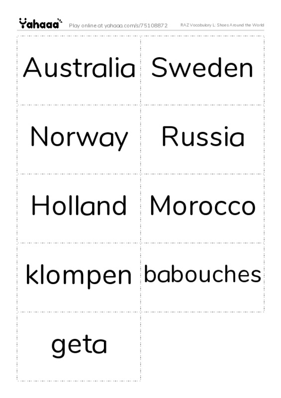 RAZ Vocabulary L: Shoes Around the World PDF two columns flashcards