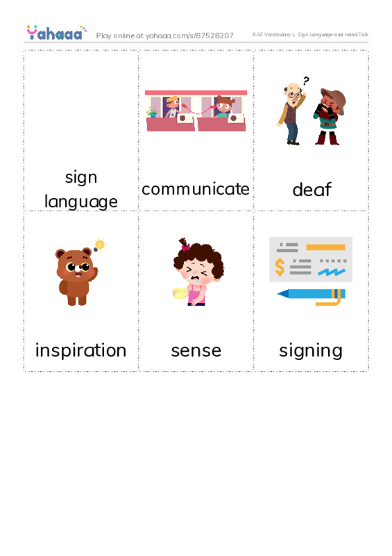 RAZ Vocabulary L: Sign Language and Hand Talk PDF flaschards with images