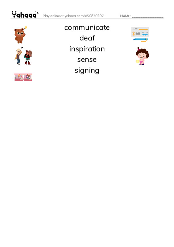 RAZ Vocabulary L: Sign Language and Hand Talk PDF three columns match words