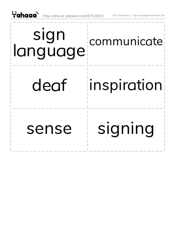 RAZ Vocabulary L: Sign Language and Hand Talk PDF two columns flashcards