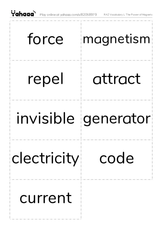 RAZ Vocabulary L: The Power of Magnets PDF two columns flashcards