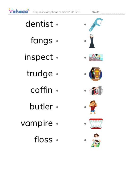 RAZ Vocabulary L: The Vampire Dentist PDF link match words worksheet