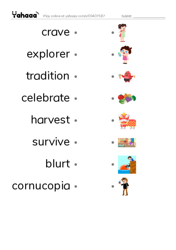 RAZ Vocabulary L: Two Thanksgivings PDF link match words worksheet