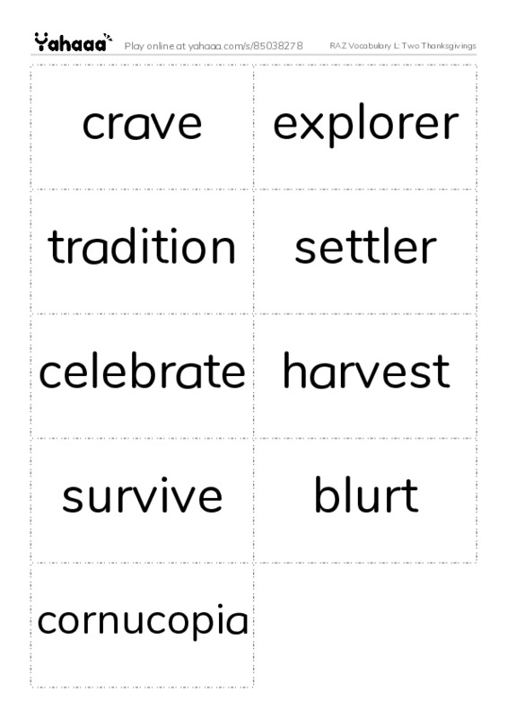 RAZ Vocabulary L: Two Thanksgivings PDF two columns flashcards