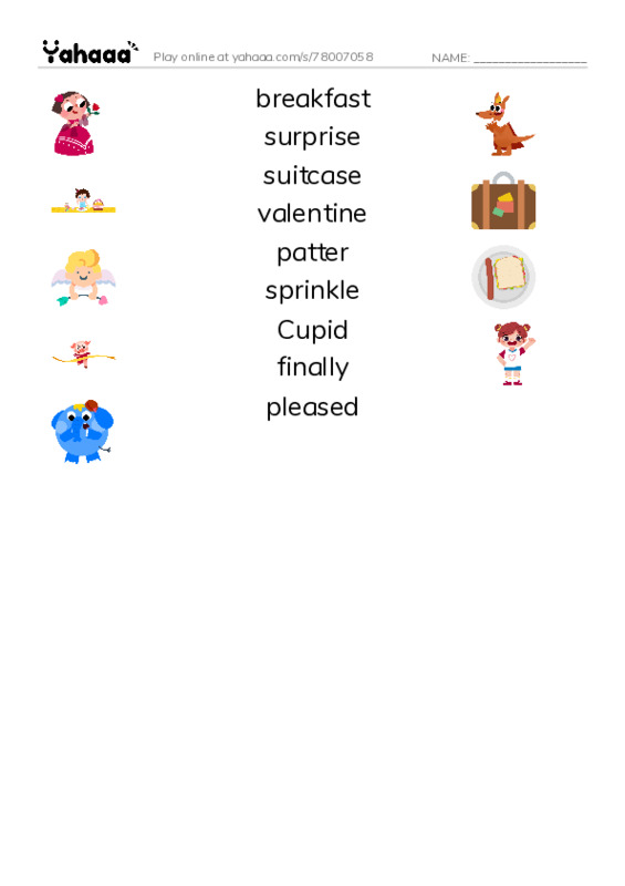 RAZ Vocabulary L: Valentines Day PDF three columns match words