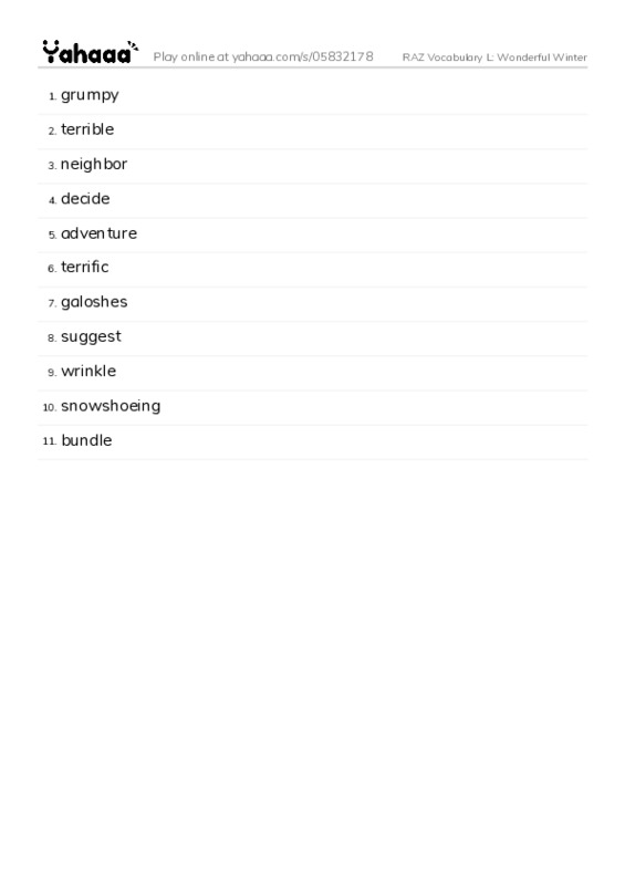 RAZ Vocabulary L: Wonderful Winter PDF words glossary